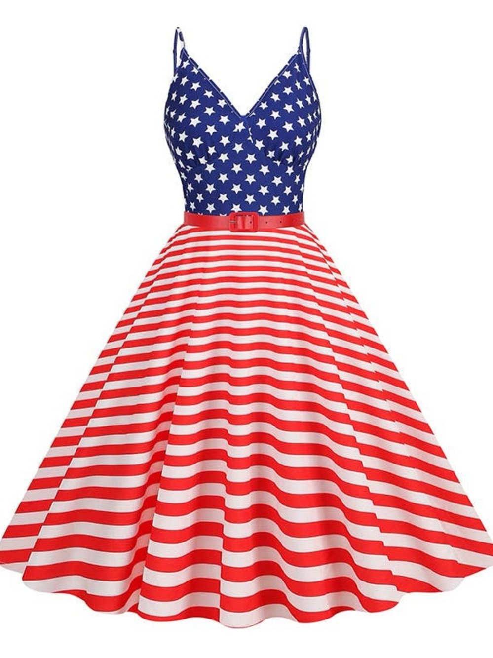 Patriotic Red White Blue Sleeveless V-Neck Midi Flared Swing Dress